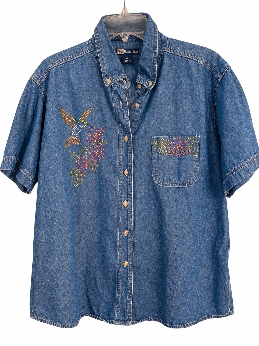 Blue Generation Denim Shirt Rhinestone Hummingbird Floral Design Medium